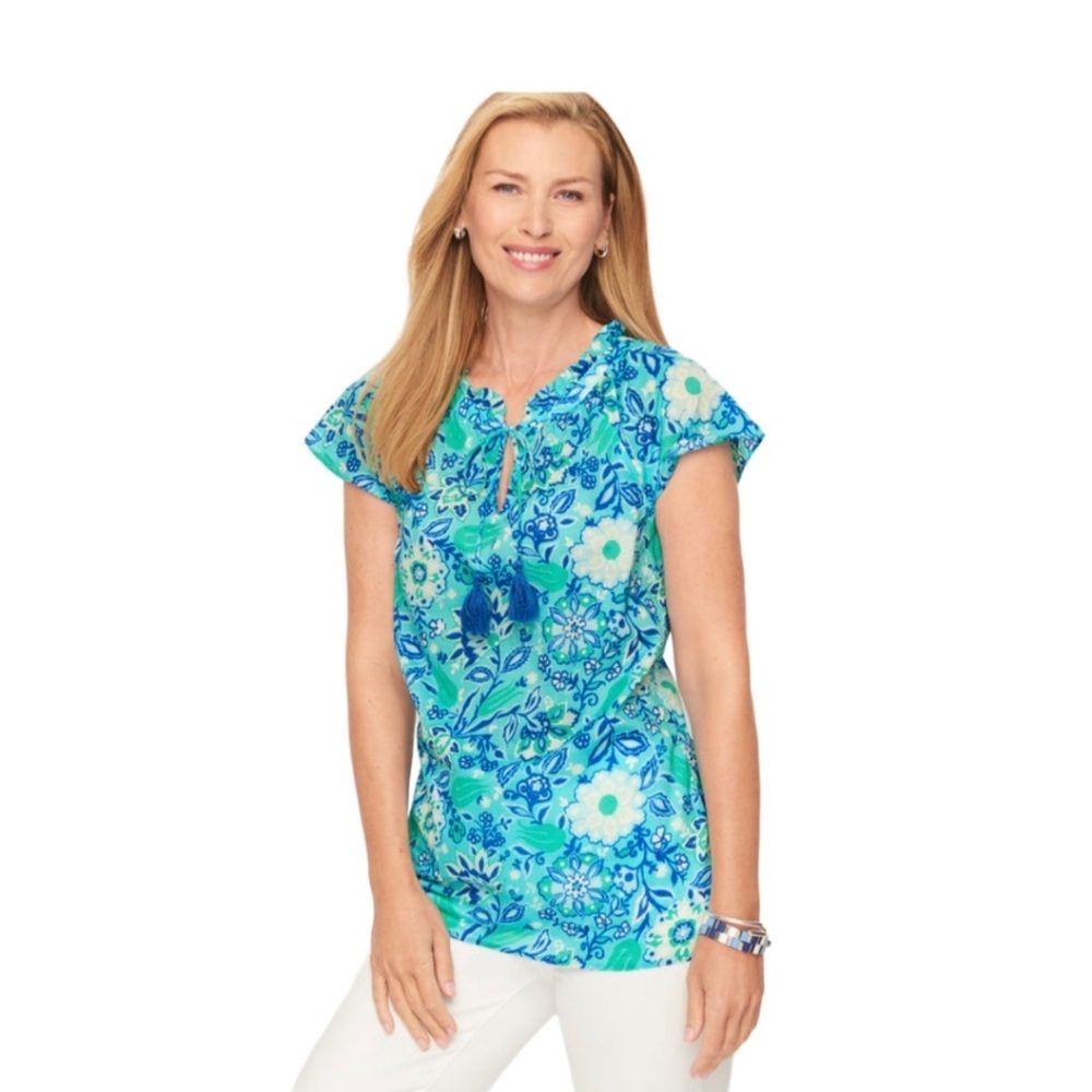 Talbots Tropical Floral Ruffle Trim Shell w Tassels - Picture 2 of 4